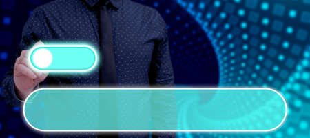 Businessman With A Pen Pointing On The Power Button In A Futuristic Design. Man With Necktie...