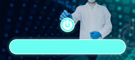 Doctor Holding Pen Pointing On Digitally Generated Power Button Above Bar . Scientist Wearing Gloves...