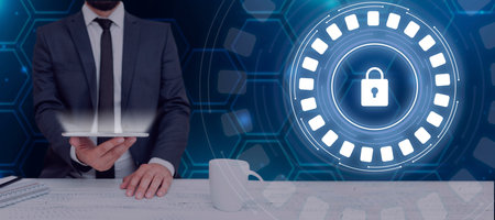 Businessman Holding A Tablet Displaying A Digital Lock In A Futuristic Round Design. Man In A Suit...