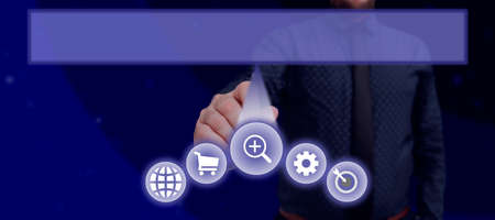 Man About Touching Important Digital System S.Science Concepts Digitally Generated Image. Handsome...