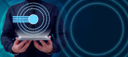 Businessman Holding Tablet Presenting Digitally Generated Bar Graph By Graphical Circle. Male...