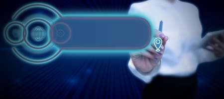 Lady in suit holding pen symbolizing successful teamwork accomplishing newest project plans. Woman carrying ballpoint pencil representing combined effort management.の写真素材