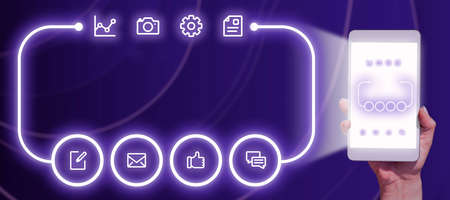 Businessman Holding A Tablet With Glowing S And Displaying The Same Images On Frame. A Cellphone With Touch Screen Symbols That Have Important Processes And Information.の写真素材