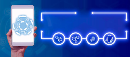 Businessman Holding A Tablet With A Glowing Symbol And Surrounded By Digital S In A Row. A Hand...