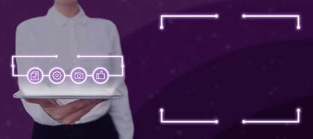 Businesswoman Holding A Tablet Displaying Glowing Digital Symbols In Row With A Futuristic Frame. Woman With A Touch Screen Presenting Important Information And Ideas.の写真素材