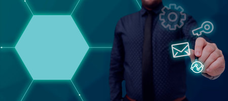 Businessman Holding Pen Which Points On Signs And Presenting Crutial Ideas. Man In Suit Having Pencil In Hand To Show Important Informations. Executive Displaying Data.の写真素材