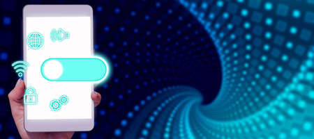 Businessman Holding A Tablet With A Power And Digital Symbols In A Futuristic Design. A Hand Showing...