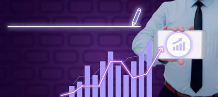 Businessman Holding Tablet With Digital Bar Graph And Arrow Symbol Moving Up Showing Growth. Man...