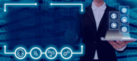 Businesswoman Holding A Pen And Tablet With Multiple Glowing S Making An Important Presentation....