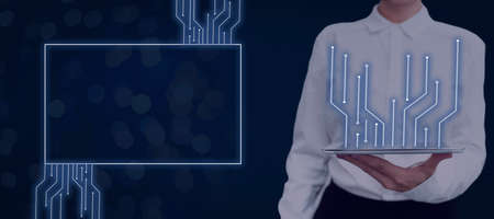 Businesswoman Holding Tablet With Graph And Presenting Crutial Ideas In Frame. Woman In Suit Having...