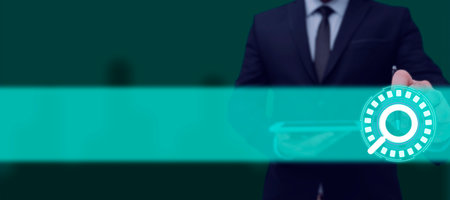 Businessman Holding Tablet In Hand And Touching Digital Display Futuristic Searching Technology System. Man Hand Touching Digital Glowing Search With Pen.の写真素材