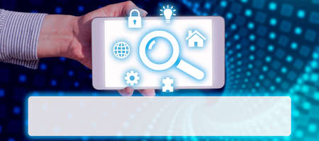 Businessman Holding A Tablet With Digital S And Search Bar Looking For Data In An Abstract Design. A...