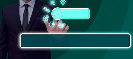 Businessman Pointing On A Power Button Surrounded By Digital S In A Futuristic Design. Man In A Suit...