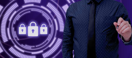 Businessman With A Pen Pointing On Security Presenting Privacy In Information In A Futuristic Frame....