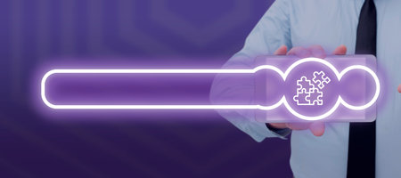Businessman With A Tablet And Pointing On A Glowing Jigsaw With A Graphic Design. Man In A Necktie...