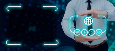 Businessman Having Futuristic Frame In Hands With A Digital Display Of Glowing Symbols. Man In A...