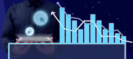 Businessman With A Tablet Showing Click Cursor S And Presenting Crucial Graphs With A Futuristic...