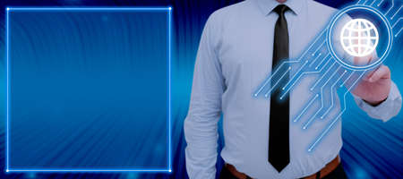 Businessman Beside A Frame Pointing On Glowing Lines With A Globe Symbol. Man Standing Presenting Crucial Information And Making A Presentation On Global Connection.の写真素材