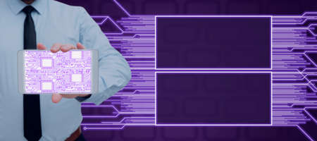 Male Engineer Showing Smartphone With Digital Patterns On Screen By Futuristic Boxes And Lines. Man...