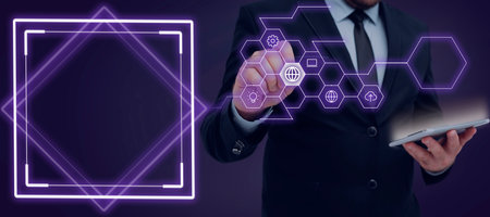 Businessman Holding Tablet And Pen Pointing On Pattern With S And Presenting New Ideas. Man In Suit...