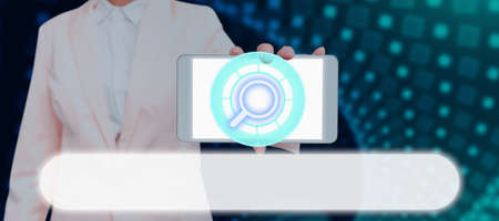 Businesswoman Showing Tablet With Digitally Generated Search Bar Symbol. Woman Holding Pad In Hand Presenting Modern Technology With Research And Development.の写真素材