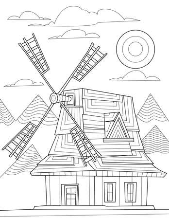 Coloring Book Page With Windmill With Mountains, Clouds And Sun In Background. Sheet To Be Colored With Tall Wind Farm. Electicity Making Building.のイラスト素材