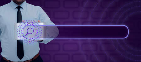 Businessman Showing Mobile Phone With Graphical Search Bar Symbol. Man Wearing Necktie With...