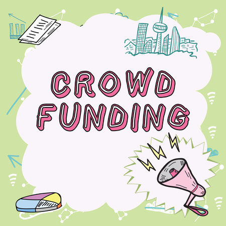 Conceptual display Crowd Funding. Word Written on Fundraising Kickstarter Startup Pledge Platform Donations Important Messages Presented In Frame With Megaphone, Chart And Skyline.の写真素材