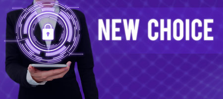 Sign displaying New Choice. Concept meaning having lot of options and adding another one to choose between Businessman in suit holding open palm symbolizing successful teamwork.の写真素材