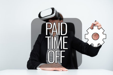 Conceptual display Paid Time Off. Business concept Receiving payments for not moments where you are not working Businesswoman Wearing Virtual Reality Simulator And Holding Pen At Desk.の写真素材