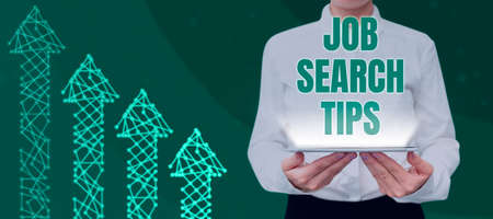 Conceptual display Job Search Tips. Word for Recommendations to make a good resume to obtain a position Businesswoman Holding Tablet And Presenting New Ideas For Business Growth.の写真素材