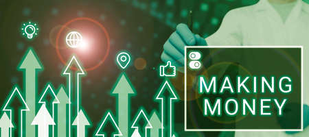 Hand writing sign Making Money. Conceptual photo Giving the opportunity to make a profit Earn financial support Doctor Pointing Pen On Digital Display With Arrows Moving Up With S.の写真素材