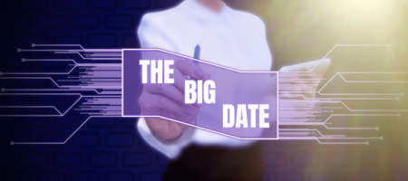 Text sign showing The Big Date. Business idea Important day for a couple relationship wedding anniversary Businessman in suit holding notepad symbolizing successful teamwork.の写真素材