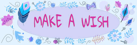 Text showing inspiration Make A Wish. Business overview To have dreams desires about future events Be positive Elipsed Frame With Flowers And Butterflies Around And Important Data Insideの写真素材