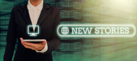 Text showing inspiration New Stories. Business approach imaginary or real showing and events told for entertainment Businessman in suit holding notepad symbolizing successful teamwork.の写真素材