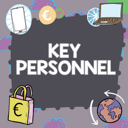 Conceptual caption Key Personnel. Business concept Program Directors Principal Investigator Project Executives Important Message Presented In Frame With Lap Top, Mobile Phone And Earth.の写真素材