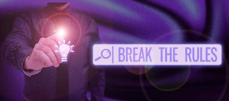 Writing displaying text Break The Rules. Concept meaning Make changes do everything different Rebellion Reform Lady in suit holding pen symbolizing successful teamwork accomplishments.の写真素材