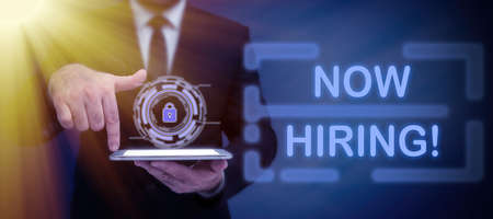 Handwriting text Now Hiring. Business idea announcing that certain company seeking for new talents...