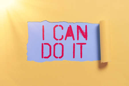 Handwriting text I Can Do It. Business concept ager willingness to accept and meet challenges good attitude Important Information Written Underneath Ripped Piece Of Paper.の写真素材