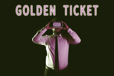 Text showing inspiration Golden Ticket. Business approach Rain Check Access VIP Passport Box Office Seat Event Businessman Taking Professional Training Through Virtual Reality Goggles.の写真素材
