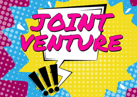 Text sign showing Joint Venture. Business showcase Collaboration Arrangement Parties Partnership Team Blank Thought Bubble In Thunderstorm Shape For Online Messaging.の写真素材