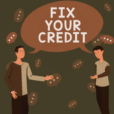 Conceptual caption Fix Your Credit. Word for Keep balances low on credit cards and other credit Two Colleagues Standing Discussing New Ideas With Big Speech Bubbleの写真素材