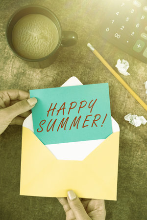 Conceptual caption Happy Summer. Business idea Beaches Sunshine Relaxation Warm Sunny Season Solstice Woman Holding Blank Letter With Coffee And Stationery Over Wood.の写真素材