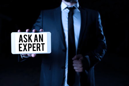 Text caption presenting Ask An Expert. Word Written on Superior Reliable Ace Virtuoso Curapp storeity Authority Geek Businessman Presenting Important Informations On Phone Screen.の写真素材