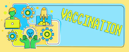 Sign displaying Vaccination. Business showcase Treatment which makes the body stronger against infection Hands Holding Lamp Rocket With Businessman Presenting New Ideas Startupsの写真素材