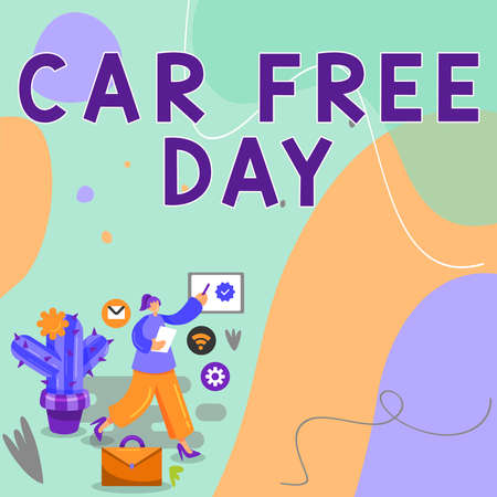 Conceptual caption Car Free Day. Business overview Environment protection world campaign avoiding pollution Businesswoman Drawing Pointing Verification Symbol On Screen.の写真素材