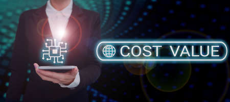 Conceptual caption Cost Value. Business approach The amount that usualy paid for a item you buy or hiring a person Businessman in suit holding open palm symbolizing successful teamwork.の写真素材