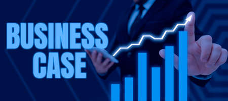 Text caption presenting Business Case. Business idea Proposition Undertaking Verbal Presentation New Task Lady in suit holding pen symbolizing successful teamwork accomplishments.の写真素材