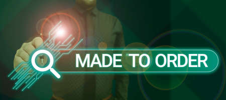 Inspiration showing sign Made To Order. Concept meaning Something done specially for someone Tailored authentic Handsome Person Holding Pen Presenting Digital Display Search Bar.の写真素材