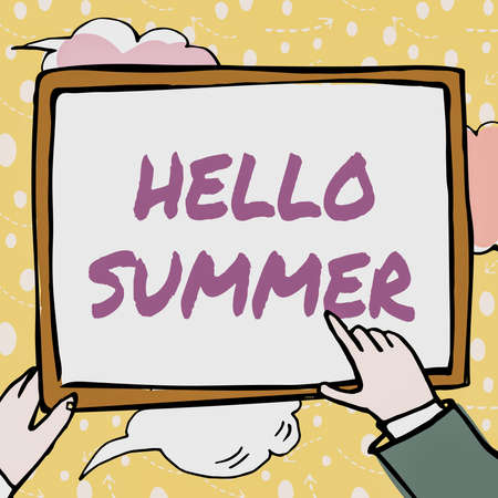 Conceptual display Hello Summer. Business approach Welcoming the warmest season of the year comes after spring Hands Holding Paper Showing New Ideas Surrounded With Stars.の写真素材